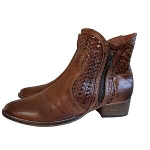 Seychelles Flip a Coin Brown Leather Woven Ankle Boots Size 8.5- Cowgirl, Boho